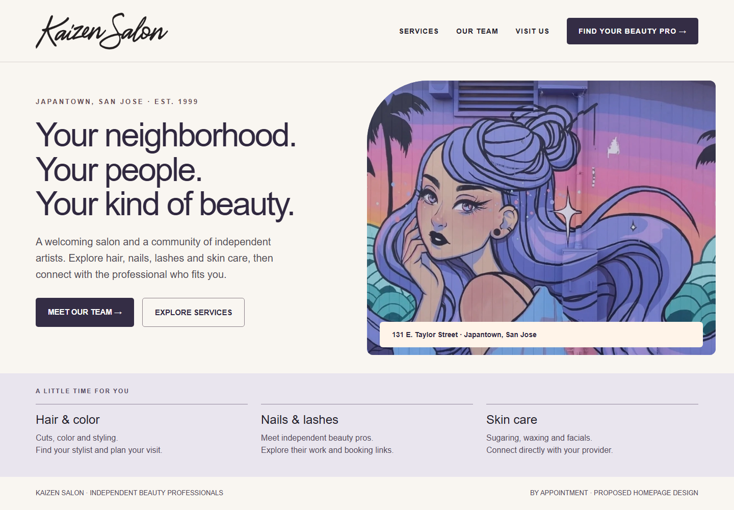 Proposed Kaizen homepage design using the official wordmark and mural